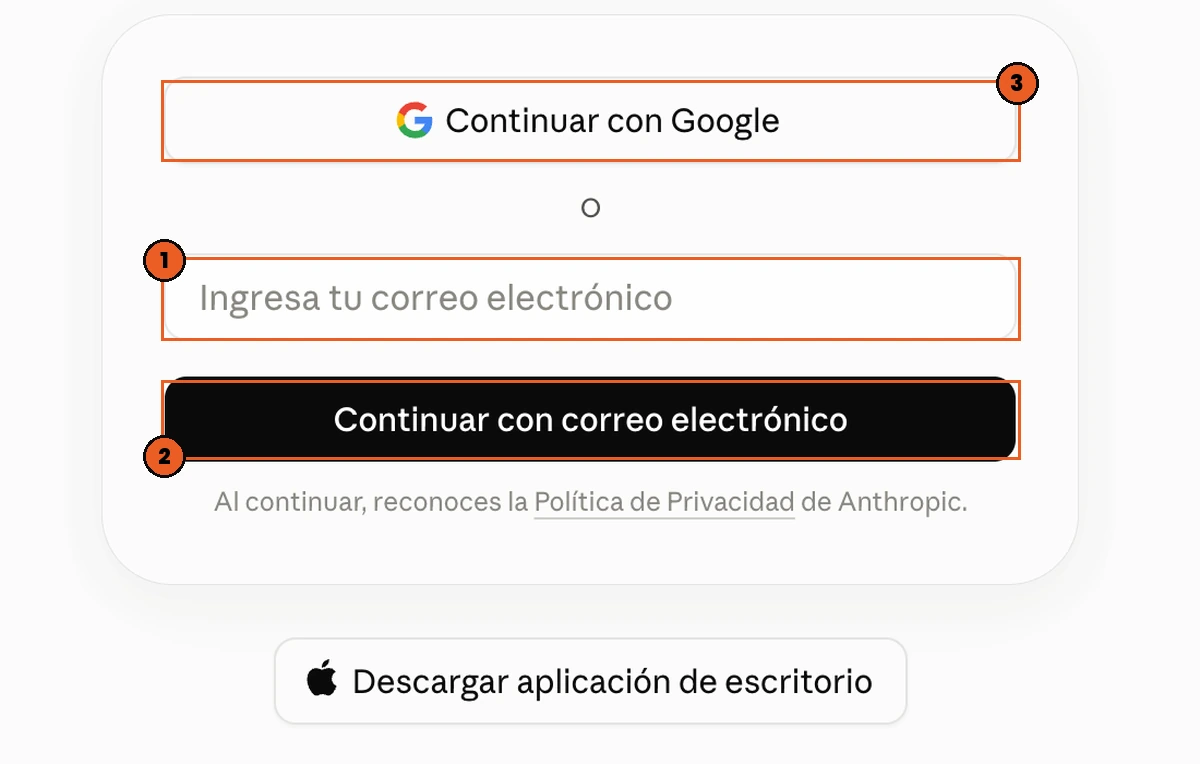 Pantalla de acceso de claude.ai con el campo de correo y los botones marcados