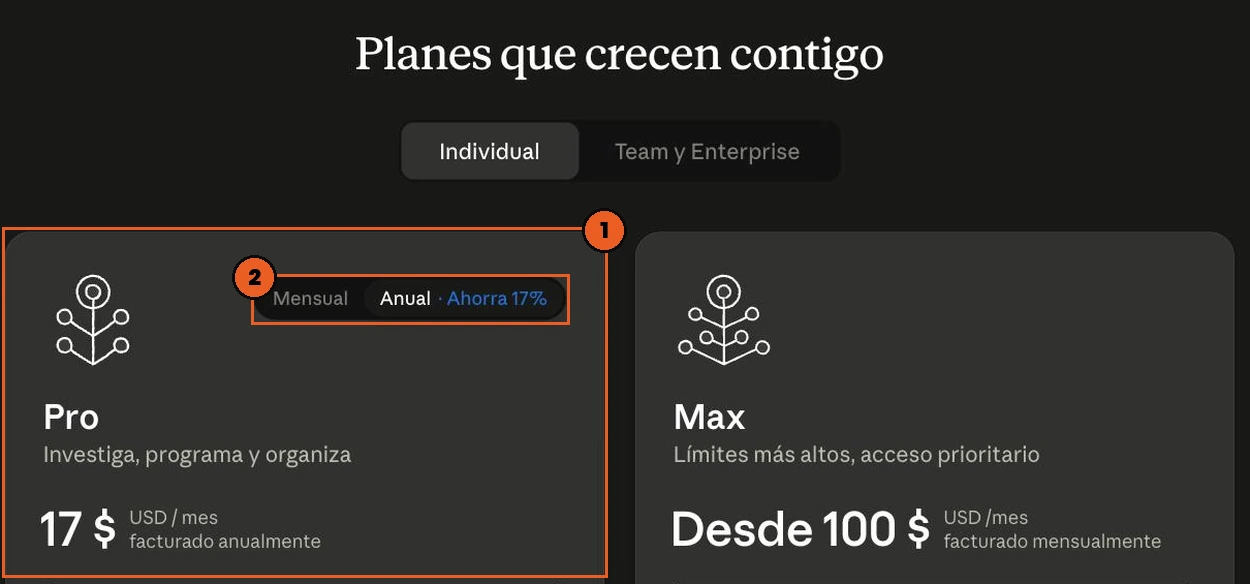 Pantalla de planes de Claude en español: Pro en 17 dólares al mes e interruptor entre pago mensual y anual
