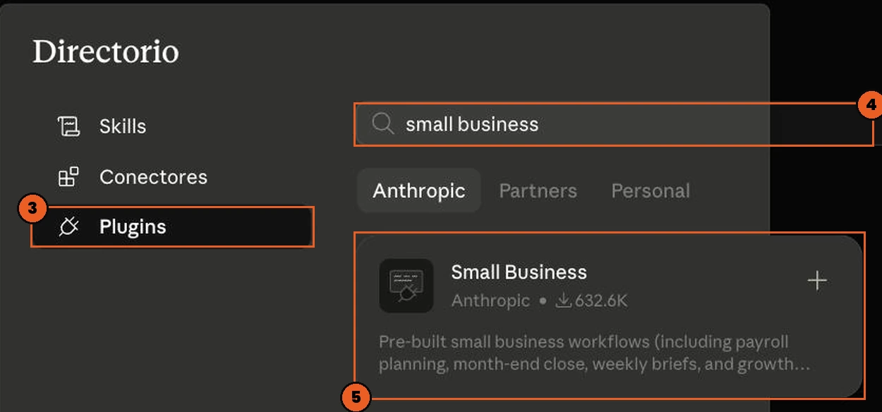 La ventana Directorio con Plugins, el buscador y el resultado Small Business marcados