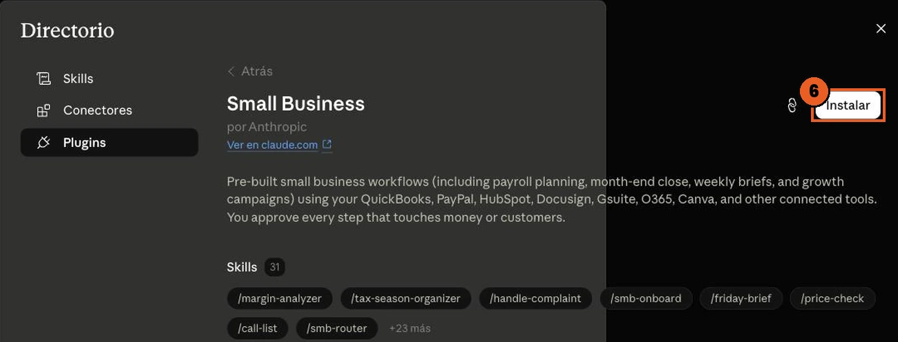 Ficha del paquete Small Business con el botón Instalar marcado y la lista de sus 31 habilidades