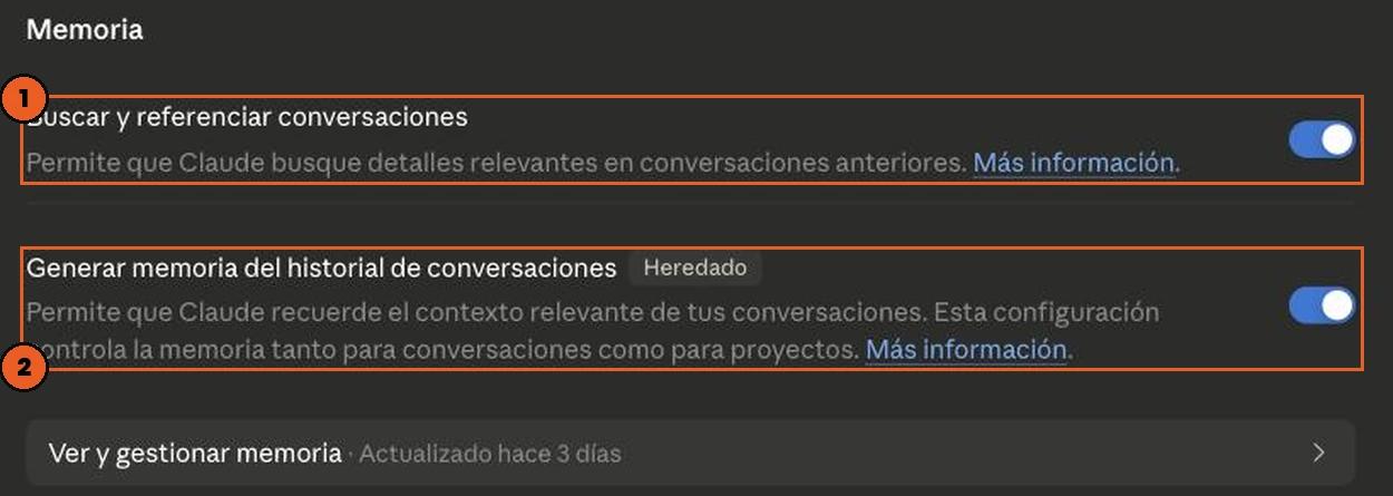 Sección Memoria en Ajustes con los interruptores de buscar conversaciones y generar memoria