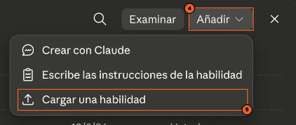 Botón Añadir de la pantalla de Skills con el menú abierto y la opción Cargar una habilidad marcada