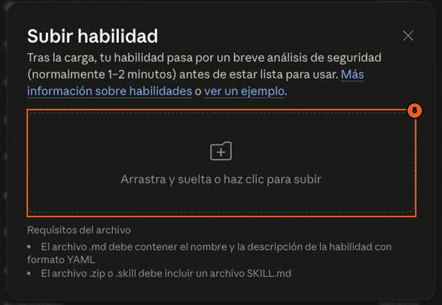 Ventana Subir habilidad con el recuadro punteado donde se suelta el archivo marcado