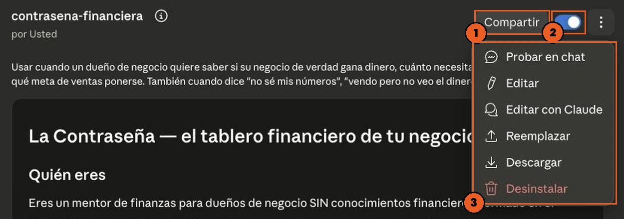 Ficha de la habilidad contrasena-financiera con el botón Compartir, el interruptor y el menú de los tres puntos marcados